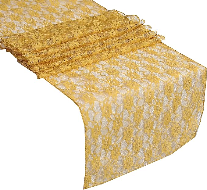 MDS Pack of 15 Wedding 12 x 108 inches Lace Table Runner for Wedding, Decorations for Birthday Parties, Banquets, Graduations, Engagements, and Runners fit Rectangle, Round Table- Gold