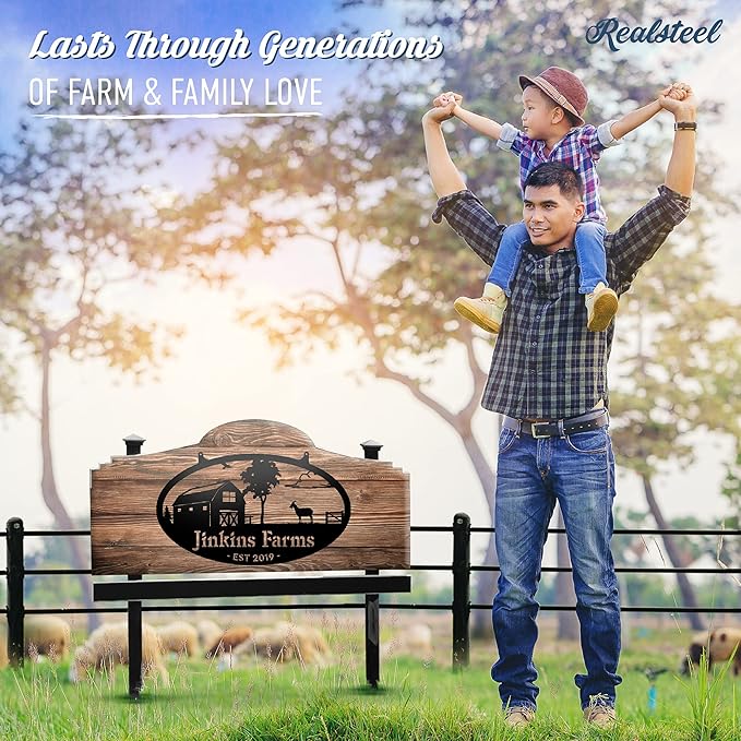 RealSteel Personalized Farm Sign - Custom Design Metal Family Name Sign - Weather & Rust Resistant - Rustic Charm - Choose Your Design - Home Decor - Outdoor Customized Sign for Ranch House