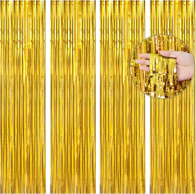 BTSD-home Gold Foil Fringe Curtain, Metallic Photo Booth Backdrop Tinsel Door Curtains for Wedding Birthday Bridal Shower Baby Shower Bachelorette Christmas Party Decorations(4 Pack, 8ft x 3ft)