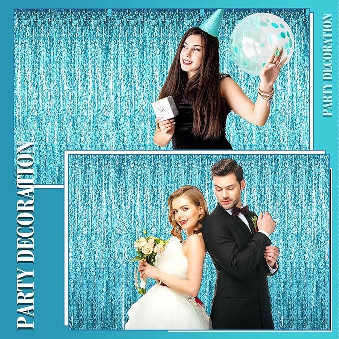 Jutom 6 Pieces 3.3 x 6.6 ft Wavy Tinsel Foil Fringe Curtains Foil Fringe Streamer Backdrop Party Curtain for Sea Mermaid Baby Shower Birthday Party Decoration(Blue Green)