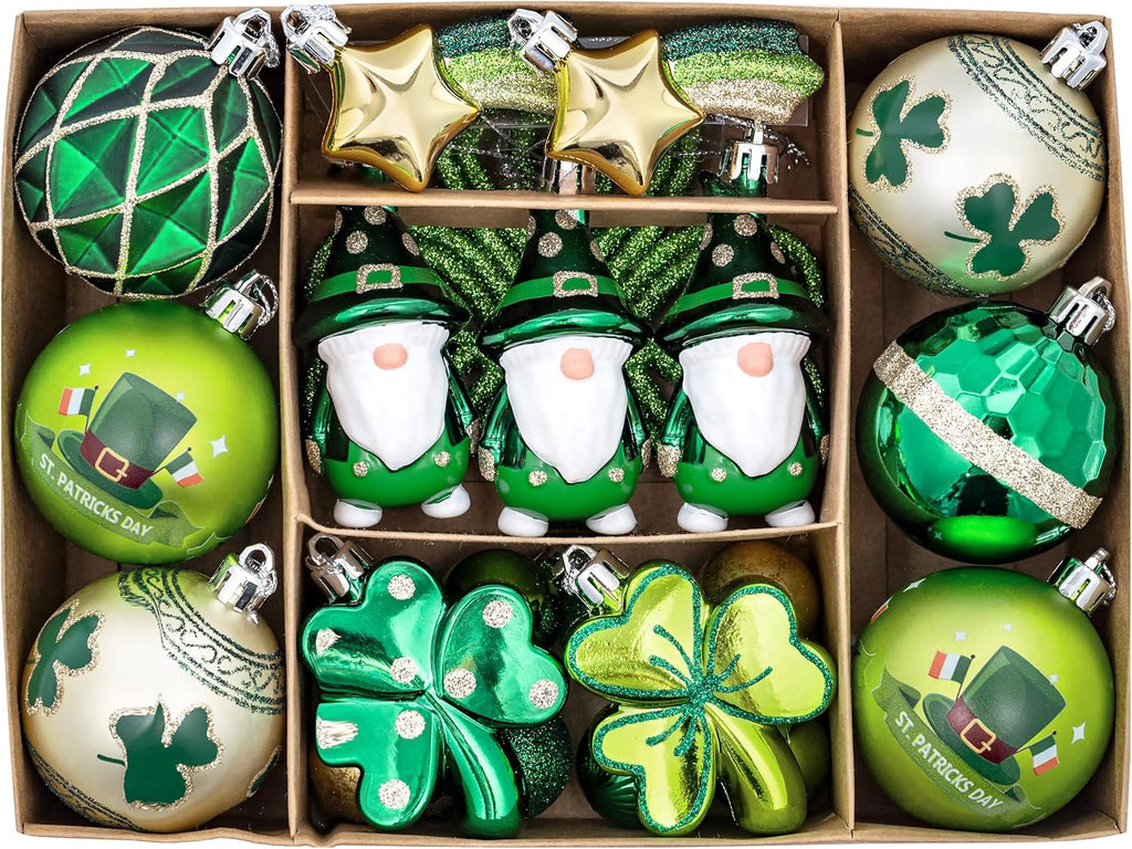 Valery Madelyn St Patricks Day Decorations Shamrock Tree Ornament,30pcs Hanging Ball Ornament Gnome Decor for Irish Festival, Good Luck Clover Emerald Green Gold Christmas Ball for Party Home Spring
