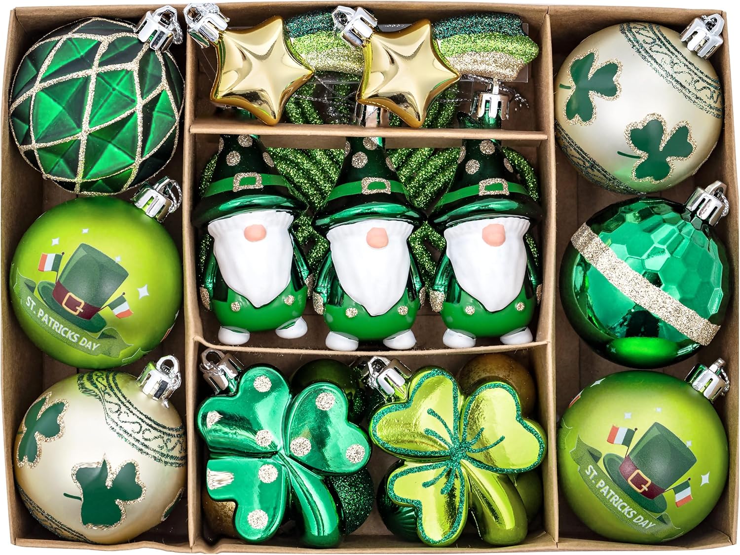 Valery Madelyn St Patricks Day Decorations Shamrock Tree Ornament,30pcs Hanging Ball Ornament Gnome Decor for Irish Festival, Good Luck Clover Emerald Green Gold Christmas Ball for Party Home Spring