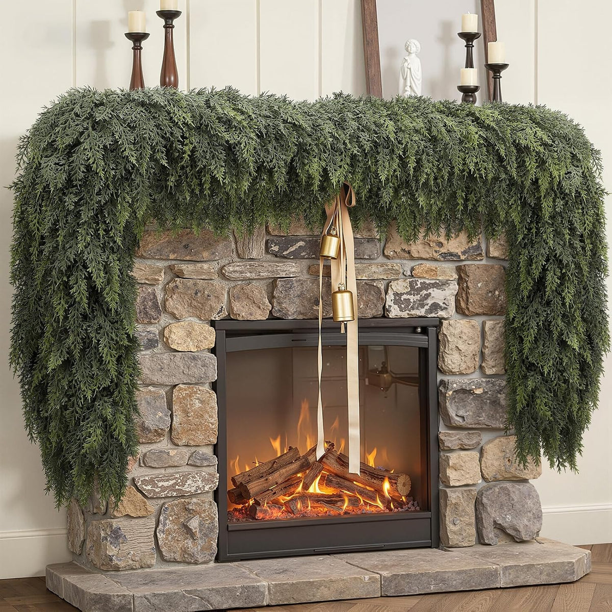 6ft christmas cedar garland, real touch soft greenery shown in use