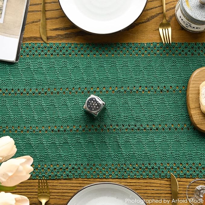 Artoid Mode Dark Green Farmhouse Woven Rustic Hollow Table Runner, Seasonal Holiday Hollow Kitchen Dining Table Decoration for Home Party Decor 12x60 Inch