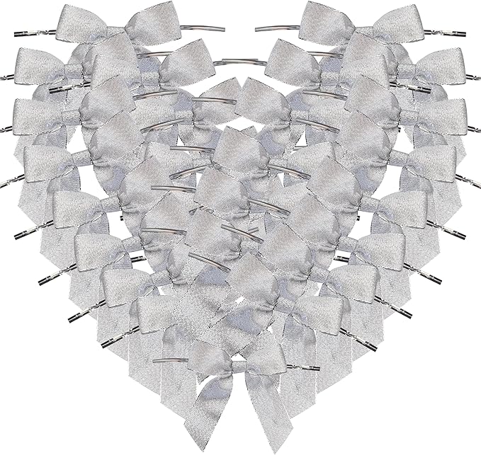 50pcs 3-1/2" Metallic Silver Glitter Ribbon Bows with Twist Ties for Gift Wrapping Packing Christmas Big Bows for Holiday Decoration (Silver)