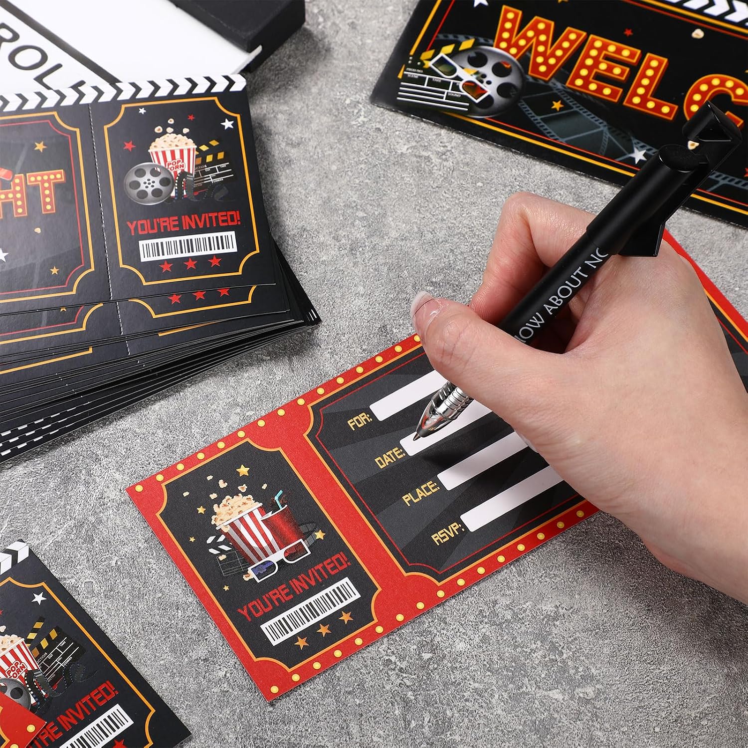 Harloon 36 Sets Movie Party Invitations Movie Night Theater Birthday Party Invitations Cards Popcorn VIP Ticket with Envelopes Postcards Red Carpet Birthday Supplies
