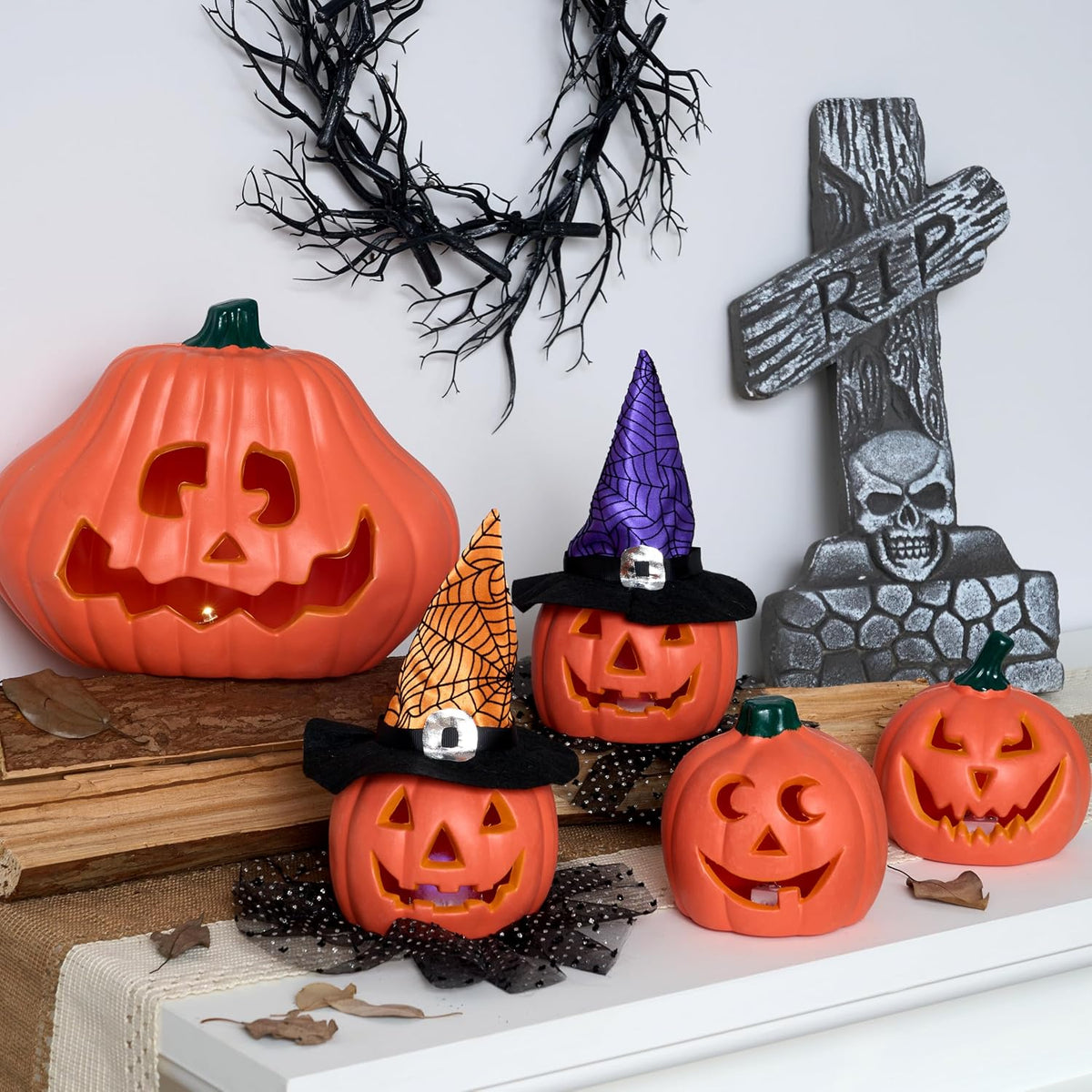 JOYIN 5 Pcs Light Up Halloween Pumpkin Decorations Jack O Lantern Decor, Plas...