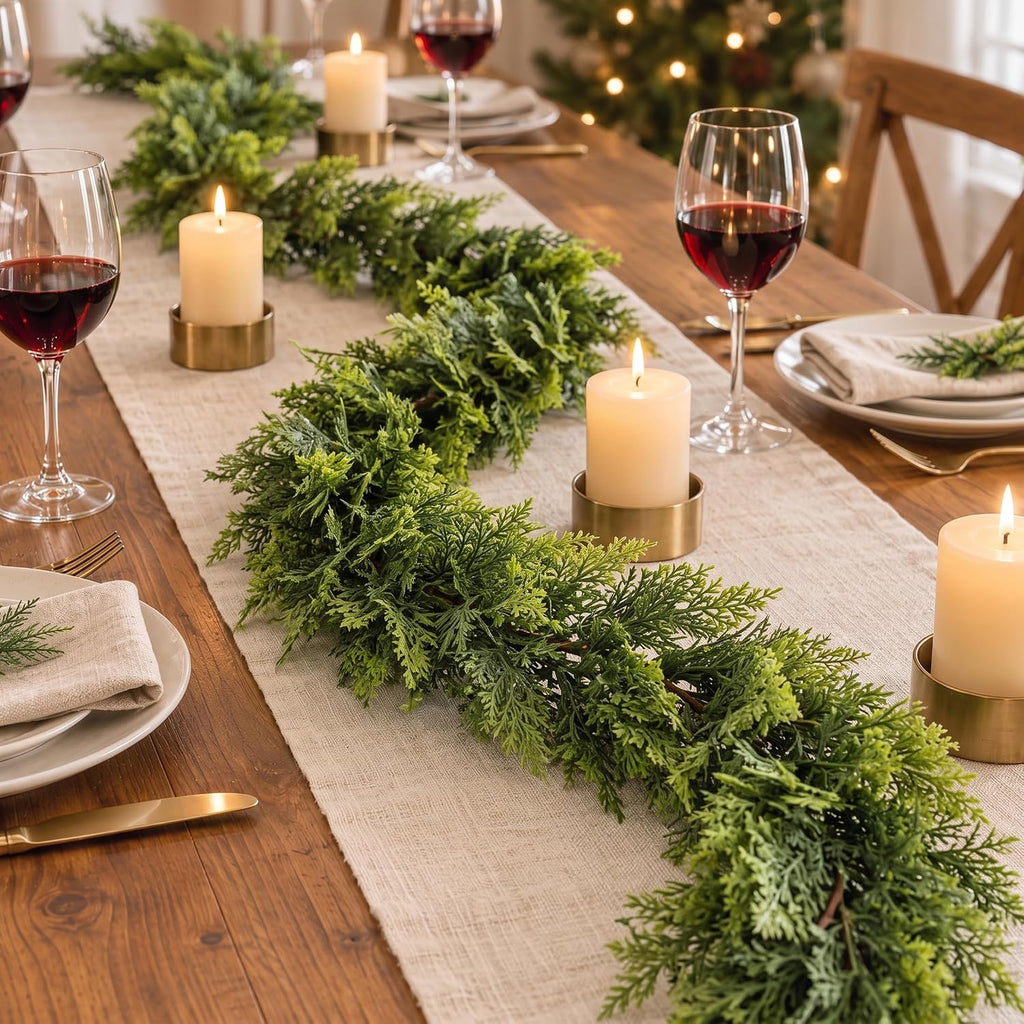 9ft christmas garland, artificial lifelike two-tone cypress flexible shown in use