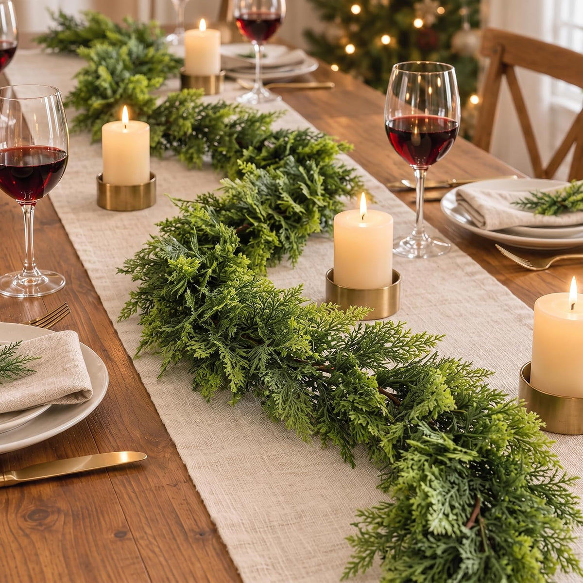9ft christmas garland, artificial lifelike two-tone cypress flexible shown in use