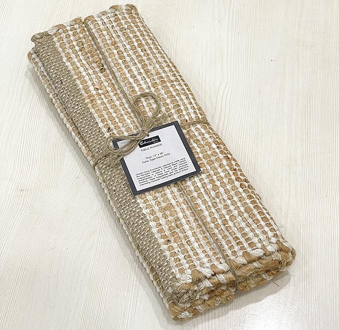 Chardin home Natural Jute Table Runner 13x36 Inch – Vintage Boho Rustic Table Decor – Handwoven Table Runner in Natural Jute and Ivory – Farmhouse Dining or Console Table Accent