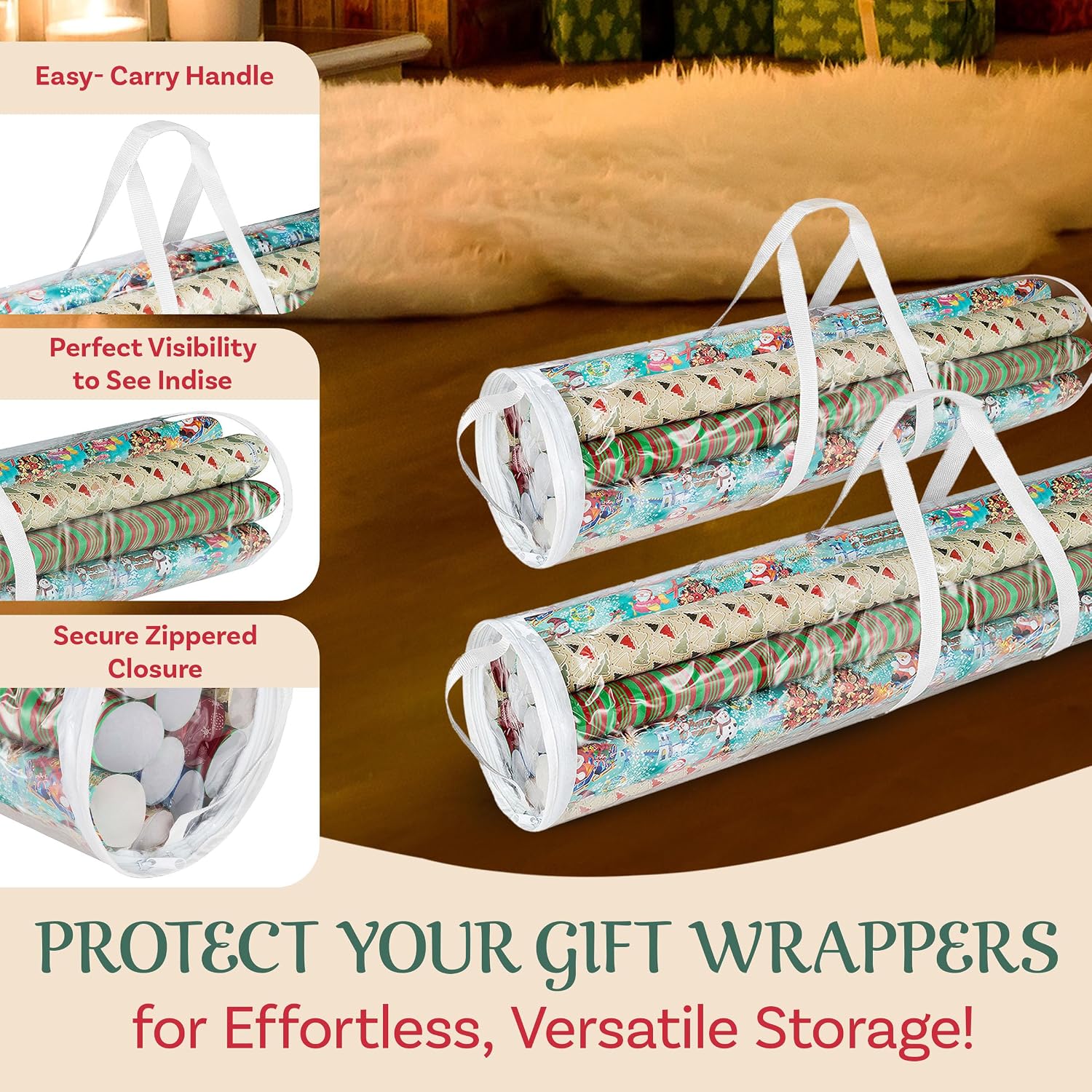 Elf Stor Gift Wrapping Paper Roll Storage Bags 31" and 40" long, Clear Totes with Handles, fits up to 25 pcs gift wrap paper roll in each bag