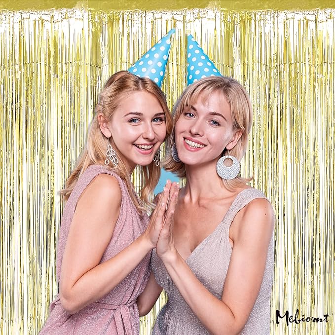 4 Pack Light Gold Fringe Curtain Backdrop, 3.2Ft x 6.6Ft Metallic Tinsel Foil Fringe Streamers Background for Photo Booth Birthday Wedding Baby Shower Carnival Easter Mother’s Day Party Decorations