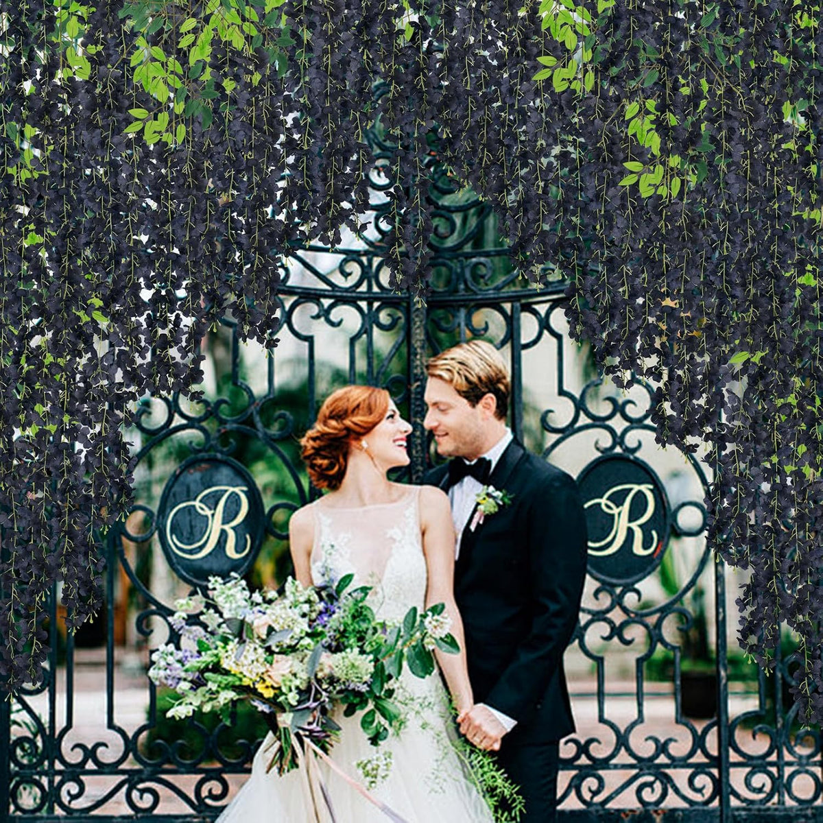 black wisteria hanging flowers fake hanging flowers artificial, side view