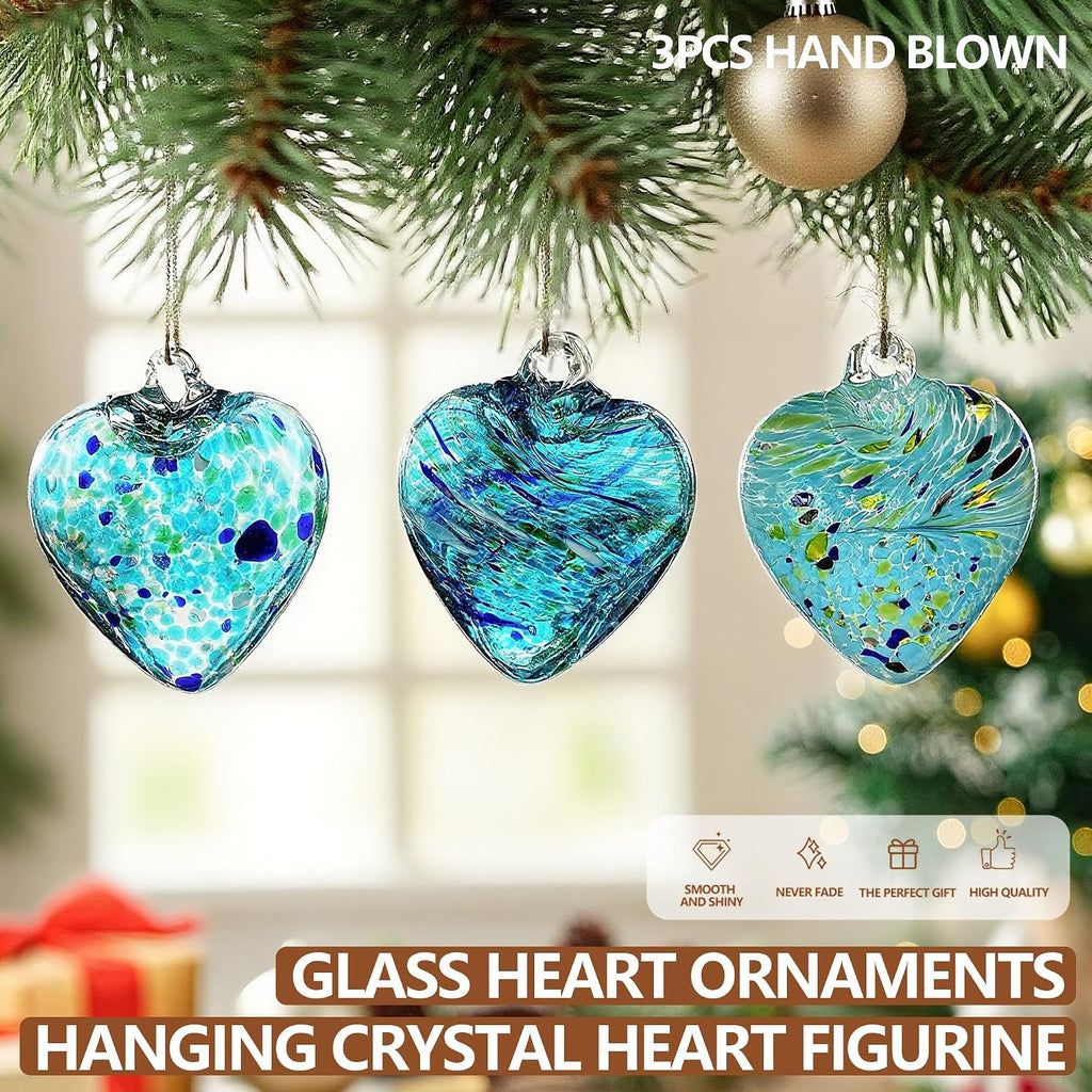 Set of 3 Handmade Glass Heart Ornaments 3.5 Inch Hanging Heart Decoration | Hand-Blown Craftsmanship, Easy-Hang Lanyard Design for Indoor & Outdoor Hanging