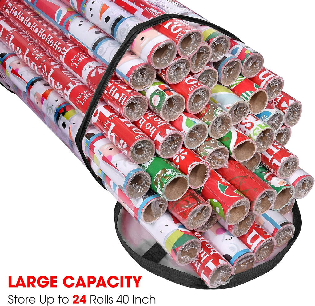 Wrapping Paper Storage Bag, Gift Wrap Organizer, Fits 40 Inch Long Rolls, Hold Up to 24 Rolls, Heavy Duty Clear PVC Bag with Top and Side Handles (Black)