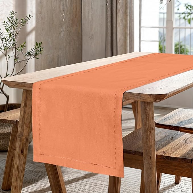 Ruvanti Linen Table Runner 120 Inches, Classic Hemstitch, Washable, Reusable, Non-Slipping, Stain Resistant- Perfect for Parties, Weddings, Dinners, Thanksgiving, Christmas, Indoor use – Orange