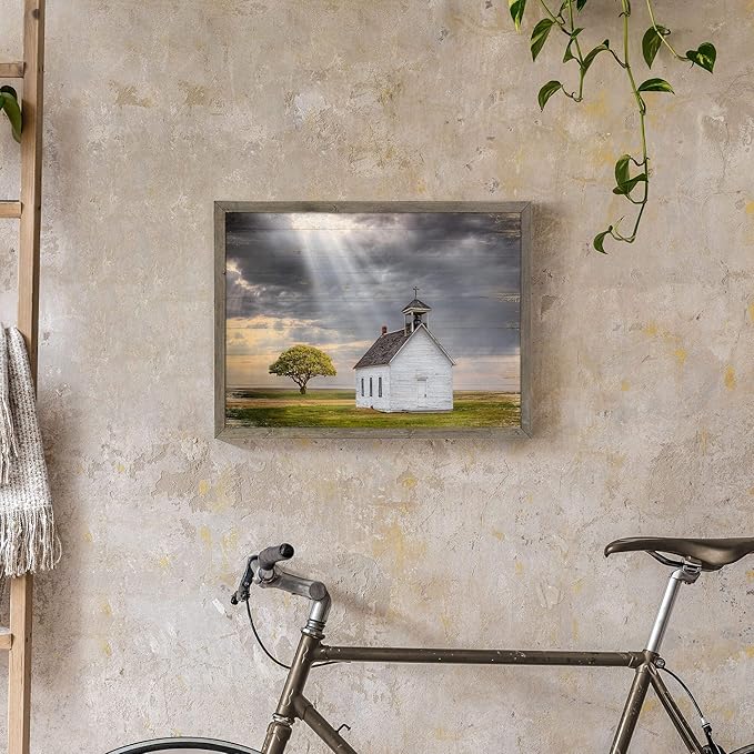 Beautiful Scene Wooden Art Framed: Little House under the Sun Wood Artwork Painting with Framed for Office (12'' x 16'' x 1 Panel)