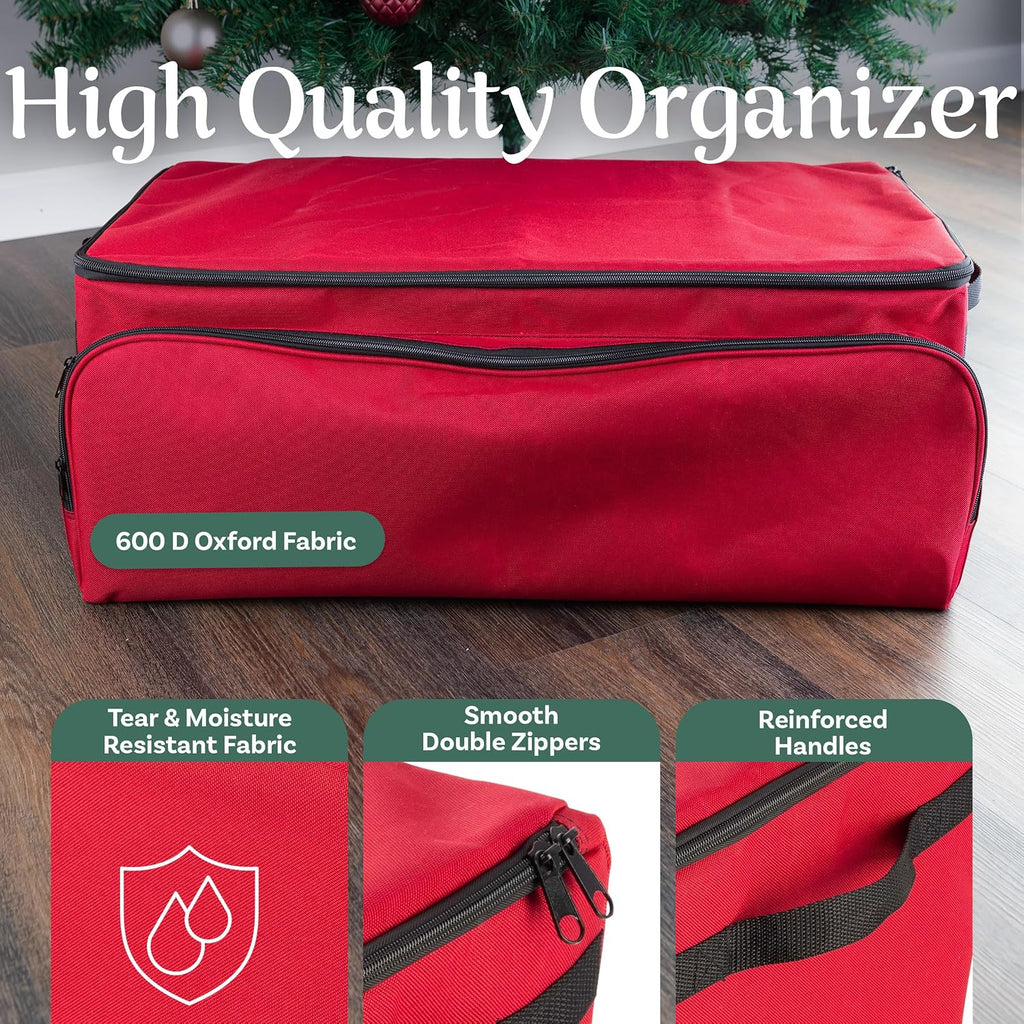 Christmas Ornament Storage Box - Christmas Ornament Organizer Storage Box with 3 Trays, Adjustable Grids, and Large Front Zipper Pocket - Fits up to 72 Bulbs and Decorations by Elf Stor (Red)