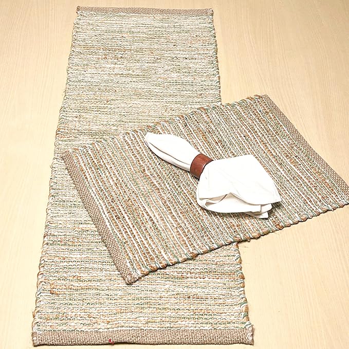 Chardin home Natural Jute Table Runner 13x36 Inch – Vintage Boho Rustic Table Decor – Handwoven Table Runner in Natural Jute and Sage Green-White – Farmhouse Dining or Console Table Accent