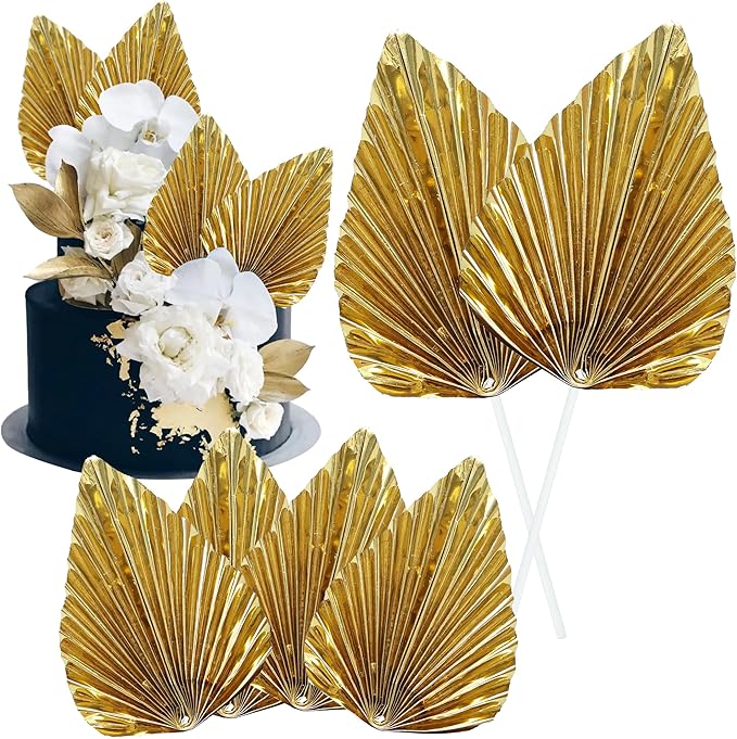 Gyufise 6Pcs Paper Palm Fan Cake Toppers Palm Spear Leaves Fan Cupcake Toppers Cake Insert Decorations Craft DIY Cake Bakeware Decoration for Birthday Party Wedding Party Decor Supplies Light Gold