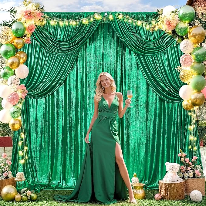 Christmas Backdrop for Photography - 2 Panels 4.8x8FT Emerald Green Backdrop Curtains Shimmer Drapes for Photography Birthdays Weddings Graduations
