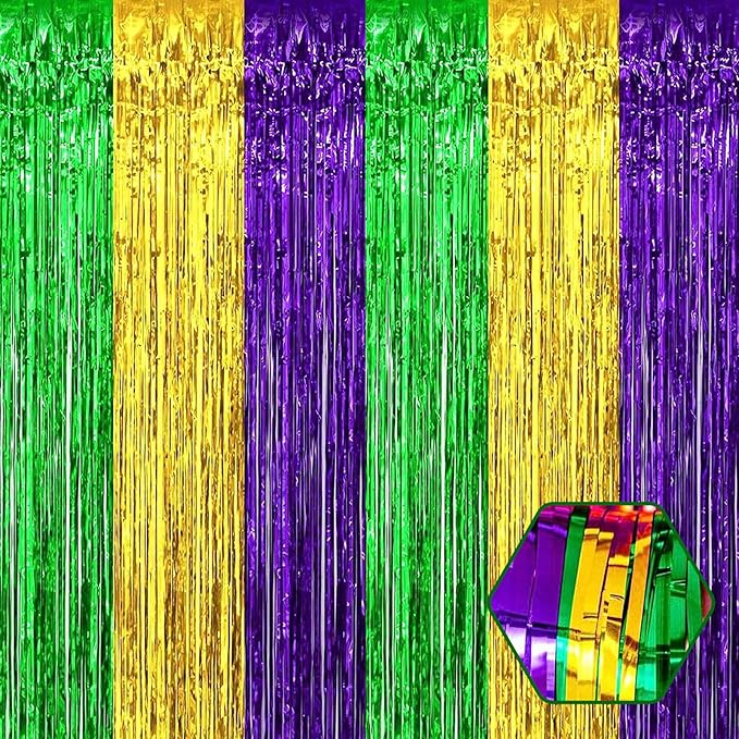 6 Pack Gold Green Purple Foil Fringe Curtain Backdrop, 3.28Ft x 8.2Ft Metallic Tinsel Foil Fringe Streamer Curtains for Photo Booth, Birthday, Wedding, New Year Party Decorations