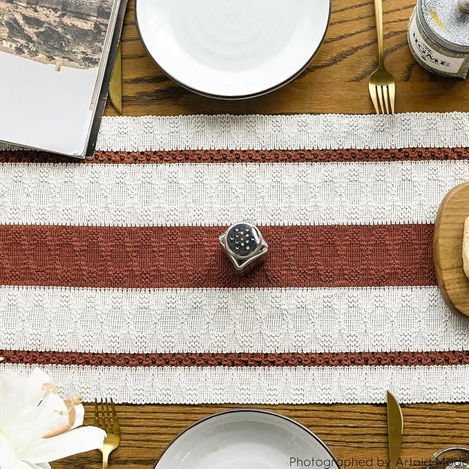 Artoid Mode Caramel Farmhouse Woven Rustic Table Runner, Seasonal Holiday Hollow Kitchen Dining Table Decoration for Home Party Decor 12x72 Inch