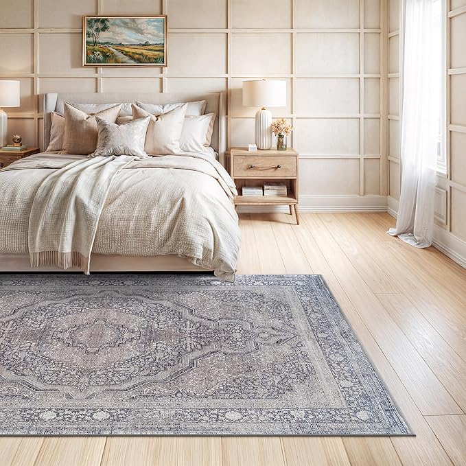 Bloom Rugs Washable Non-Slip 6' x 9' Rug - Blue/Steel Gray/Beige Traditional Medallion Area Rug for Living Room, Bedroom, Dining Room, and Kitchen - Exact Size: 6' x 9'