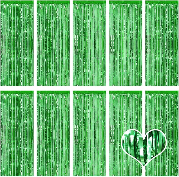 10 Pack Green Backdrop Curtain 3.2ft x 8.2ft Metallic Tinsel Foil Fringe Curtains Photo Booth Background for Birthday Party Decoration Baby Shower Engagement Wedding Christmas Decoration (Green)
