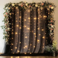 Tulle Backdrop Curtain with Lights String 10FT X 8FT Black Sheer Tulle Backdrop Curtains for Wedding Birthday Party Reception Photo Booth Background Decorations (2 Panels 5x8FT)