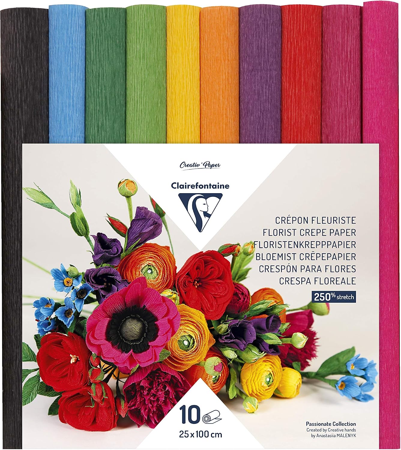 Clairefontaine 995001C - 10 Rolls of Florist Crepe Paper - Size 25 x 100 cm - 250% Elasticity - Weight 160 g - Paper Flowers - Non-Disgorging Colours - Assorted 10 Bright Colours