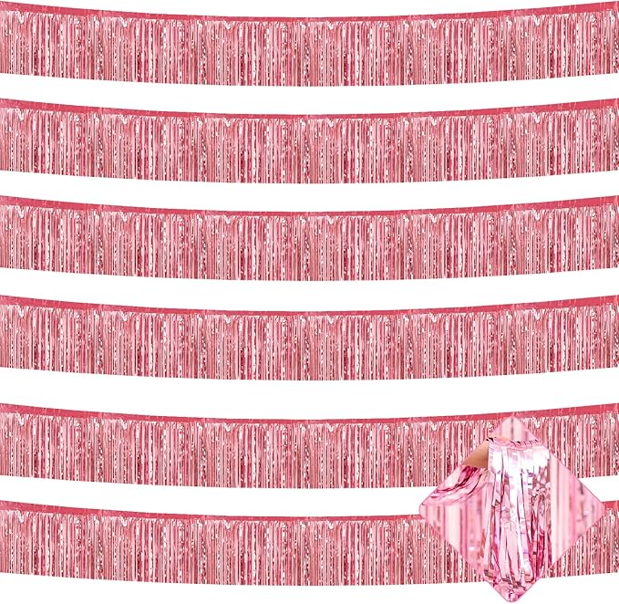 10 Pack 10 Feet Pink Foil Fringe Garland Metallic Tinsel Streamers Banner Wall Hanging Curtain Backdrop for Parade Floats, Bachelorette, Wedding, Birthday, Halloween, Christmas Party Decorations