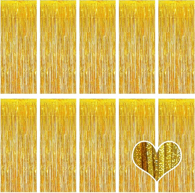 10 Pack Gold Backdrop Curtain 3.2ft x 8.2ft Metallic Tinsel Foil Fringe Curtains Photo Booth Background for Birthday Party Decoration Baby Shower Engagement Wedding Christmas Decoration (Gold)