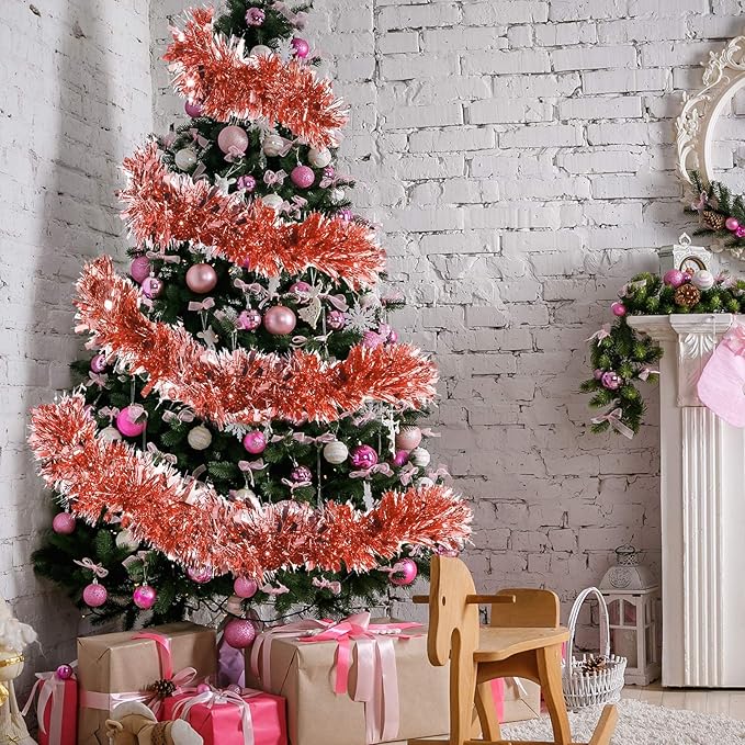 72 Feet Christmas Tinsel Garland Shiny Metallic Tinsel Twist Garland Streamers Ornaments Long Glitter Christmas Tree Hanging Decorations for Party Holiday Wedding Birthday Tree Wall Rail (Rose Gold)