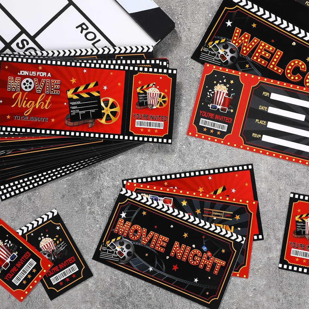 Harloon 36 Sets Movie Party Invitations Movie Night Theater Birthday Party Invitations Cards Popcorn VIP Ticket with Envelopes Postcards Red Carpet Birthday Supplies