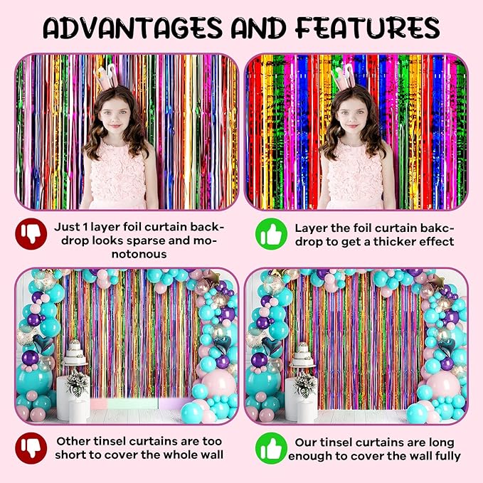 2 Pack 3.3x8.2 Feet Rainbow Foil Fringe Backdrop Curtains, Tinsel Streamers Birthday Party Decorations, Fringe Backdrop for Graduation, Baby Shower, Gender Reveal, Disco Party