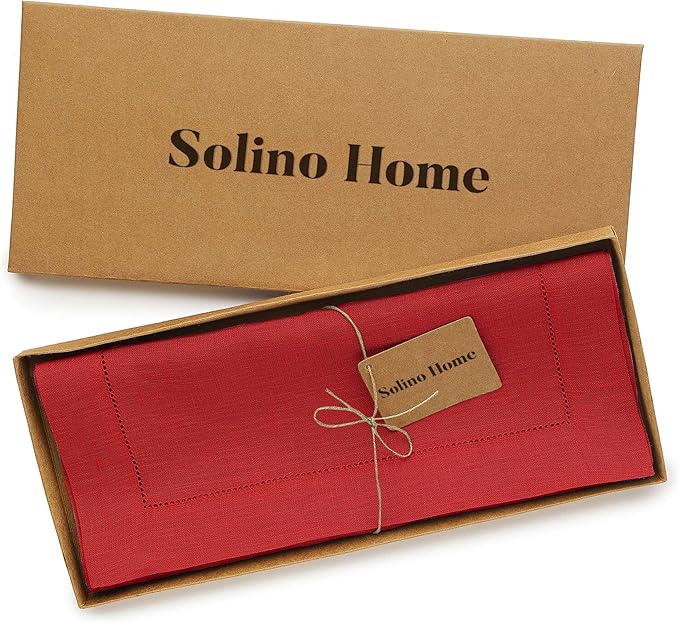 Solino Home Linen Red Table Runner 108 Inches Long - 100% Pure Linen 14 x 108 Inch Table Runner for Christmas, Holiday - Classic Hemstitch