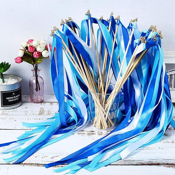 Boao 40 Pieces Mixed Color Ribbon Sticks with Bell, Ribbon Sticks for Stick Party, Streamers for Wedding Birthday Party Celebration Baby Shower Favors(Blue)