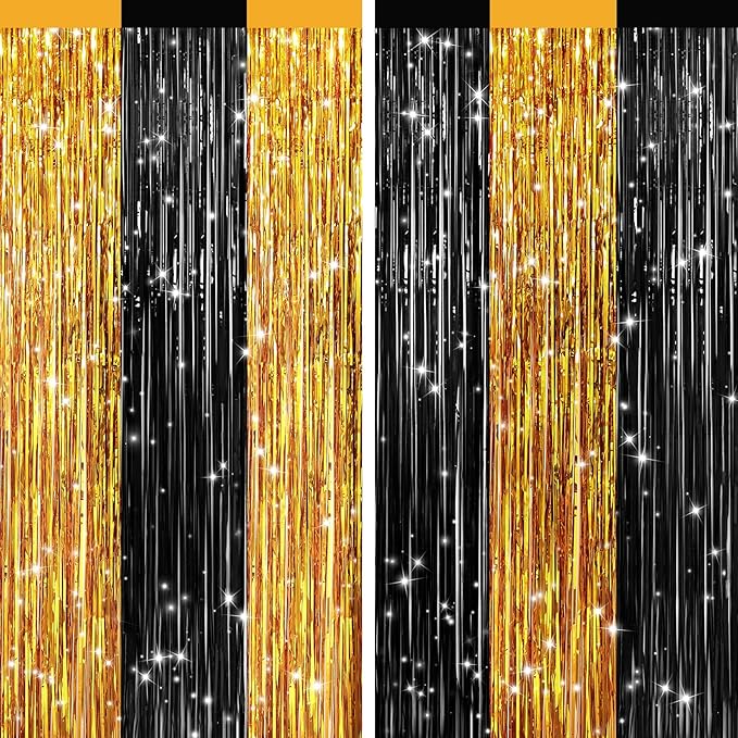 2Pack Black Gold Metallic Tinsel Foil Fringe Curtains, Door Streamers Photo Booth Backdrop for Birthday Party, Tinsel Curtain Backdrop for Wedding Baby Shower Bachelorette Christmas Party Decorations