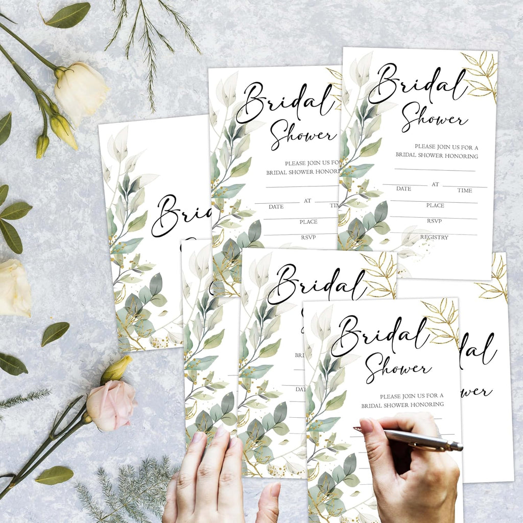Bridal Shower Invitations, 25 Eucalyptus Invites with Envelopes for Bridal Shower Reception Engagement Party, Greenery Wedding Party Cards - A03