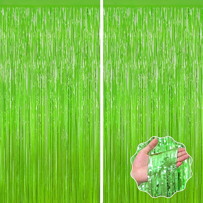 Grass Green Foil Fringe Curtain Backdrop, 2Pack Metallic Tinsel Fringe Curtain Streamers Photo Backdrop for St Patricks Day Football Decorations, Birthday Christmas Tropical Party Decor Door Streamers