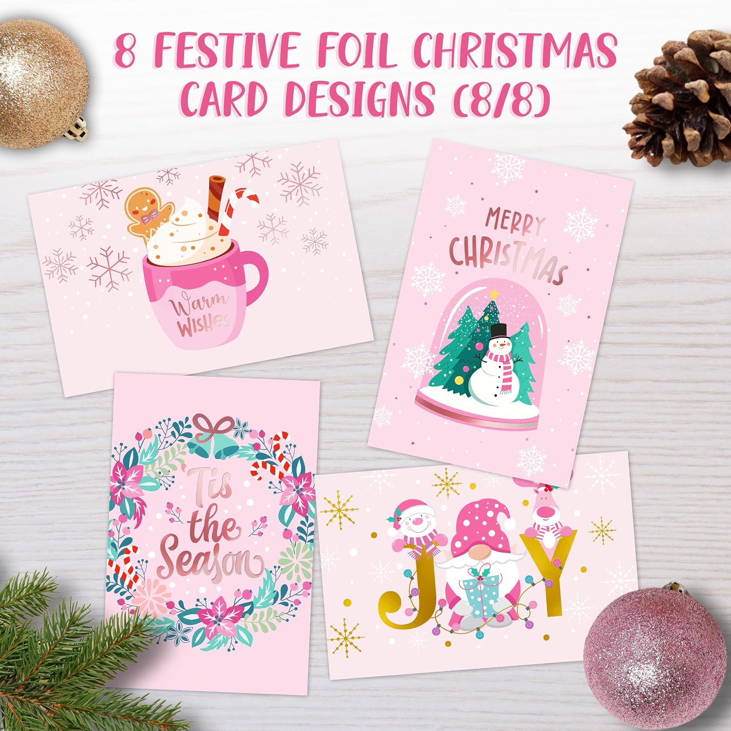 Decorably 24 Pack Foiled 6x4in Pink Christmas Cards with Envelopes and Stickers, 8 Elegant Holiday Designs Seasons Greetings for Family, Friends & Loved Ones with Printed Message, Gifting, Mailing