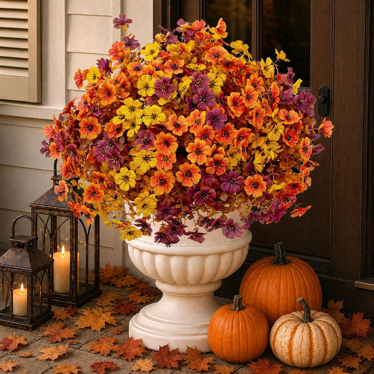 AXYLEX Artificial Fall Flowers Outdoor Fake Mums Brown Orange Yellow