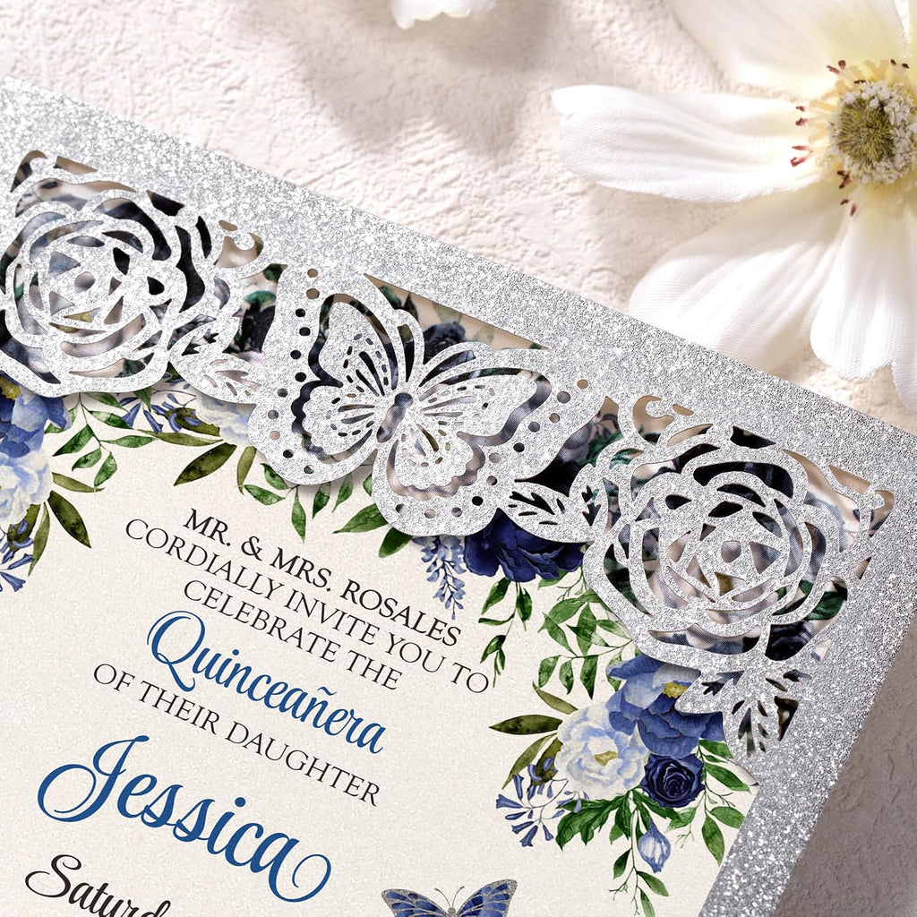 DORIS HOME 50Pcs Glitter Silver Butterfly Quinceanera Invitations, 5" x 7" | Laser Cut, For Quinceanera, Sweet 16, Miss XV, No Inserts Included