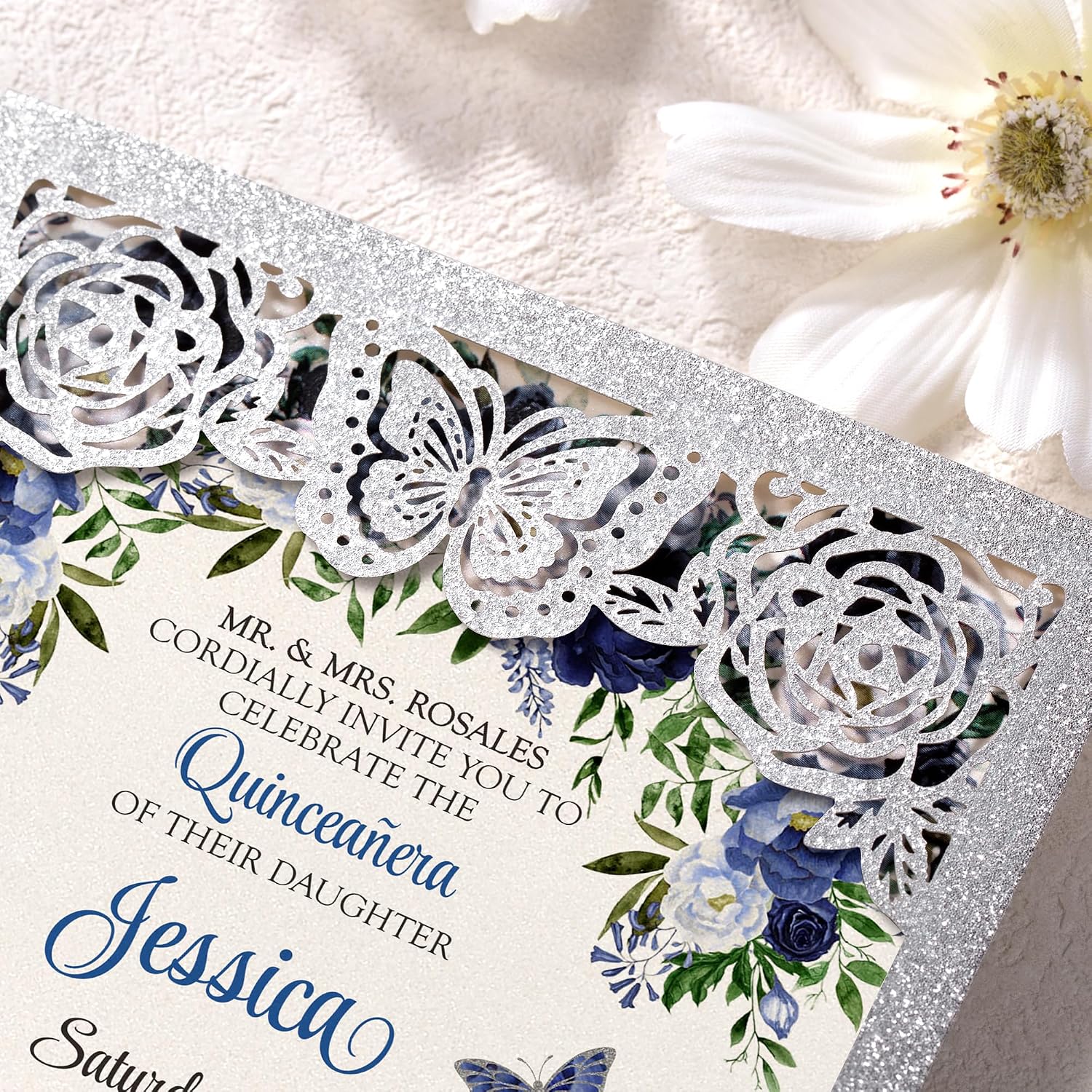 DORIS HOME 50Pcs Glitter Silver Butterfly Quinceanera Invitations, 5" x 7" | Laser Cut, For Quinceanera, Sweet 16, Miss XV, No Inserts Included