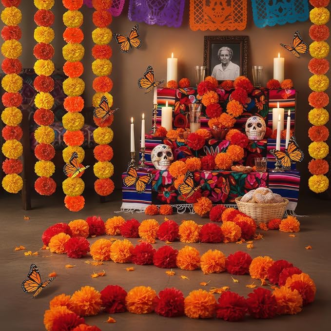 Marigold Garland for Decoration 5 Packs × 5ft Artificial Marigold Garlands Vibrant Orange Yellow Faux Flowers Includes 10 Butterfly Accents for Diwali Pooja Wedding Indian Decor