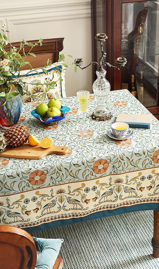 patdrea Designer French Linen Blue Tablecloth for Rectangle Table,Vintage Floral Table Cloth,Colorful Decoration Fall Cover Kitchen Dining for Thanksgiving,Tea Party,Christmas,63"x102"-Wensel