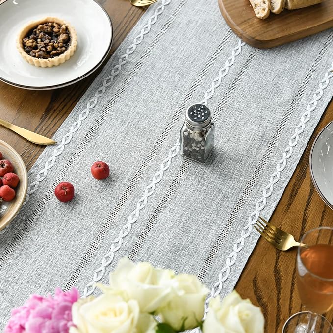 Artoid Mode Grey Rustic Cotton Linen Table Runner, Seasonal Embroidered Hollow Kitchen Dining Table Decoration for Home Party Decor 13x108 Inch
