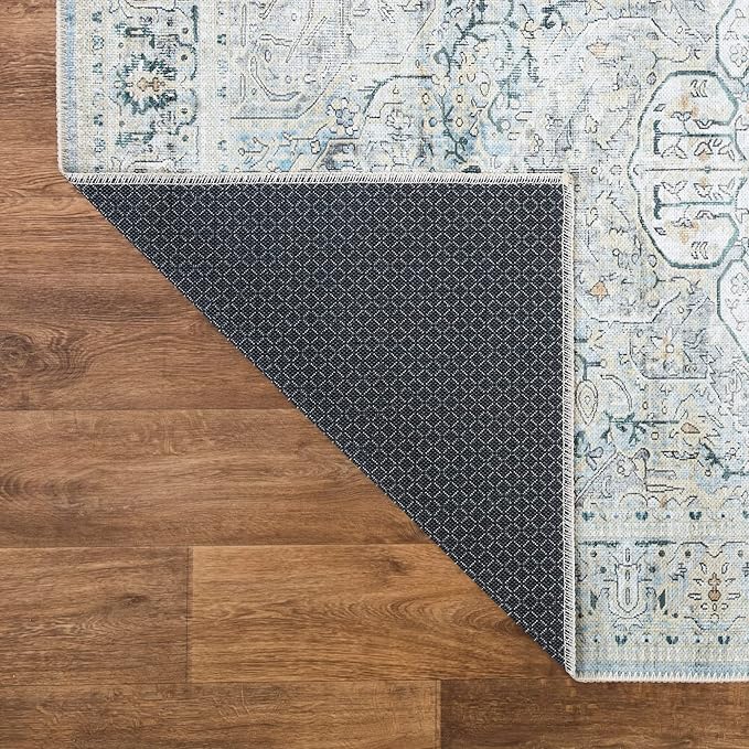 Bloom Rugs Washable Non-Slip 4' x 6' Rug - Cream/Light Blue/Teal Traditional Medallion Area Rug for Living Room, Bedroom, Dining Room, and Kitchen - Exact Size: 4' x 6'