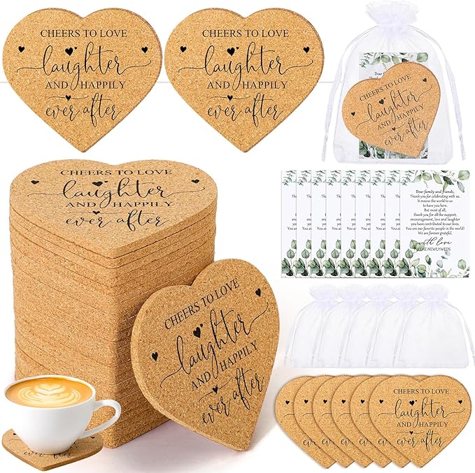 Uiifan 150 Set Wedding Favors for Guest Coaster Gifts Bulk Heart Shaped Coasters Thank You Cards Organza Bags Guest Souvenirs for Wedding Party Bridal Favors